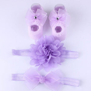 Newborn Baby Girls Headband Bow Flowers Cloth Hair Bands Hair Accessories Socks Gift Boxes Three-piece Suit