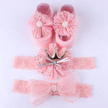 Load image into Gallery viewer, Newborn Baby Girls Headband Bow Flowers Cloth Hair Bands Hair Accessories Socks Gift Boxes Three-piece Suit