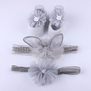 Newborn Baby Girls Headband Bow Flowers Cloth Hair Bands Hair Accessories Socks Gift Boxes Three-piece Suit