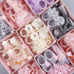 Newborn Baby Girls Headband Bow Flowers Cloth Hair Bands Hair Accessories Socks Gift Boxes Three-piece Suit